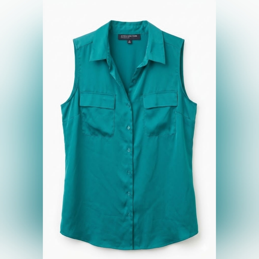 Jones New York Signature VIbrant Teal Sleeveless Button-Down Blouse Size M
